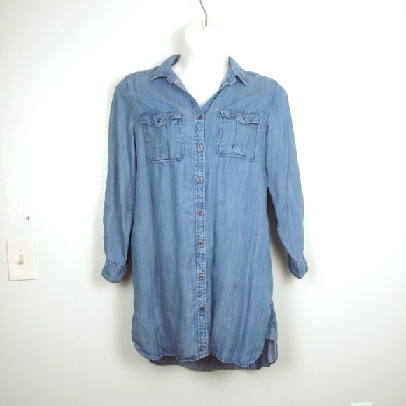 Philosophy Denim Blue Chambray Tunic Button Down W/Pocket Sz L - Picture 4 of 6